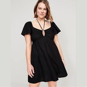 Flutter-Sleeve Linen-Blend Halter Keyhole Mini Swing Dress for Women
